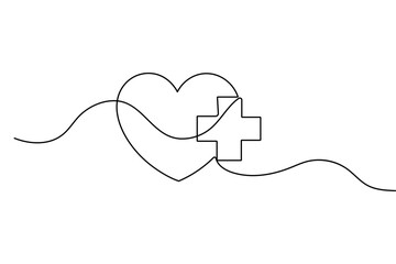 Obraz premium Heart pulse continuous line drawing with medical cross vector illustration