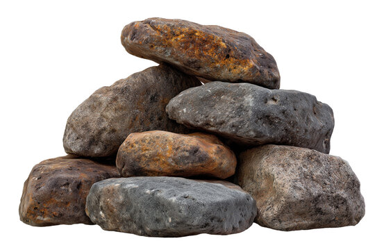 Brown and gray large boulders stacked isolated on white background, Clipping Path, png