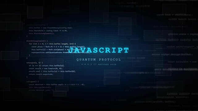 Abstract Digital Background with Scrolling JavaScript Code and Quantum Protocol Text on Dark Blue Screen