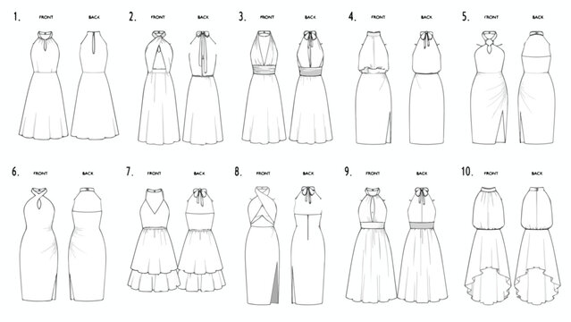 Fashion technical sketch of 10 halter neck dress styles, front and back view garment flat set, apparel design templates for manufacturing