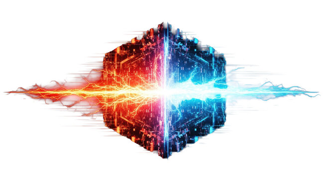 symmetrical hexagonal digital core splitting volatile red plasma and electric cyan energy, corrupted by pixel sorting and screen tearing against a black void. concept of digital power collision