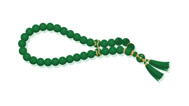 Islamic green prayer beads vector illustration, Muslim misbaha or tasbih with tassels isolated on white background