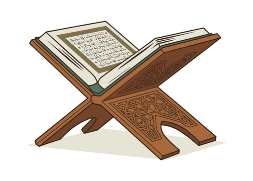 Open Holy Quran book on wooden rehal vector illustration, traditional islamic reading stand isolated on white background