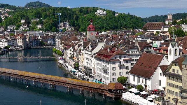 Aerial view of Lucerne with Chapel Bridge and Reuss river