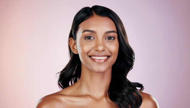 A beautiful young woman with long, dark, wavy hair and a radiant smile, looking directly at the camera against a soft, gradient background.