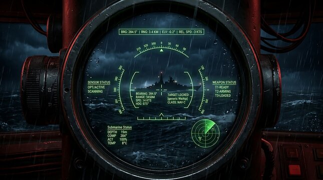 Submarine periscope view of a naval ship at night with digital targeting interface and rain on the lens in a dark stormy ocean environment