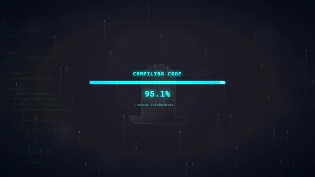 Digital Loading Bar Interface with Compiling Code Progress Percentage on Dark Technological Background