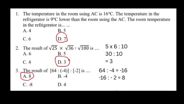 Digital display featuring multiple-choice mathematics problems with highlighted correct answers, illustrating fundamental arithmetic and algebra for educational assessment and review