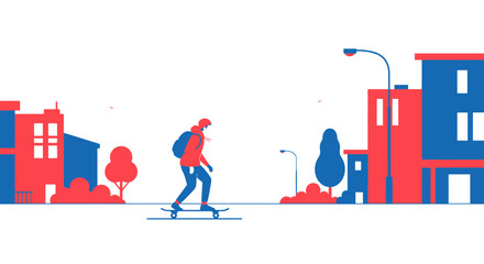 Skater with backpack riding skateboard in minimalist city street, red and blue. © ari