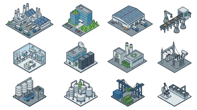 Isometric LEGO Style City and Industrial Scenes