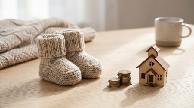 Baby Shoes And Coins On Wooden Table