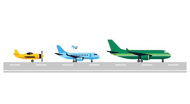 Evolution of flight: small propeller plane to modern jetliners on runway