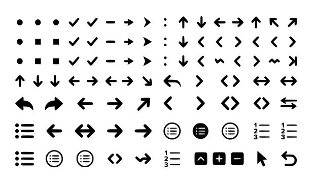 Basic UI Arrow and Bullet Point Icons Black Vector Illustration Set
