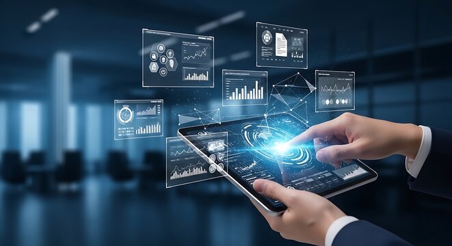 Businessman analyzing data on a tablet with floating graphs and charts