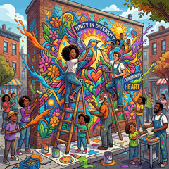 Fototapeta premium Diverse community painting a colorful mural on a city brick wall together