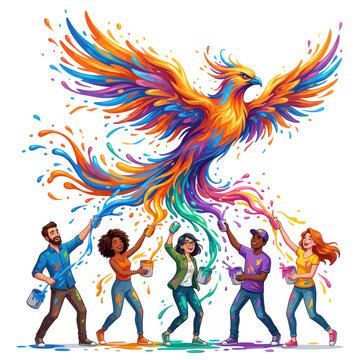 Diverse group of people throwing colorful paint to create abstract art