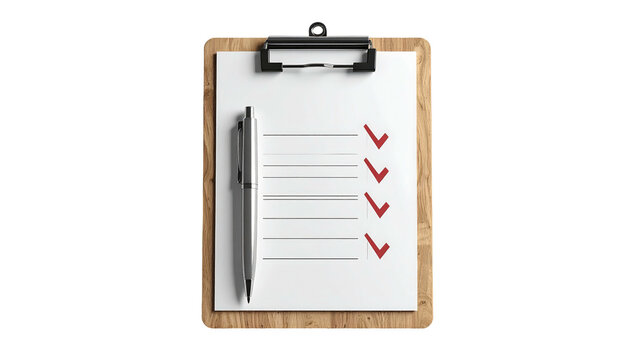 A wooden clipboard holds a white paper with a checklist and a silver pen. Red checkmarks denote completion