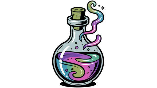 Magic potion glass flask vector illustration, mystical green and blue elixir with swirling smoke isolated on white background