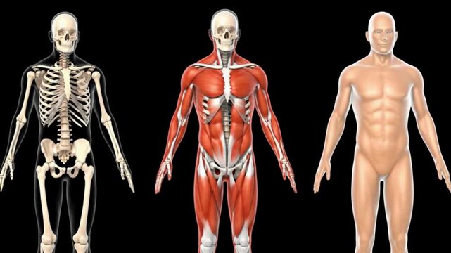 Three detailed 3D human anatomy models illustrating the skeletal muscular and external body systems for educational and medical study