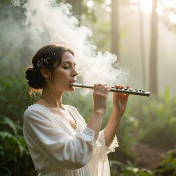 Young Woman Playing Flute in Misty Forest with Sunlight.