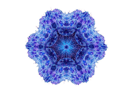 Extreme macro view of a hyper-detailed viral capsid with glowing translucent crystalline blue and purple fibers and icosahedral symmetry on a stark black void. Concept of molecular biotechnology