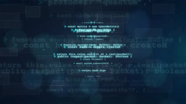 Abstract Digital Data Stream with Scrolling Computer Code and Binary Information on Dark Blue Background