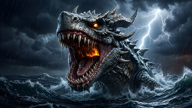 Fierce sea monster emerges from turbulent ocean waters during a thunderstorm mouth wide open with sharp teeth and glowing eyes