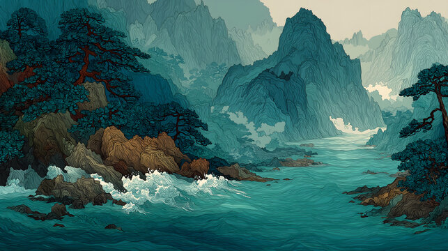 Beautiful China Ecological Poster, Chinese Style Landscape Ancient Modern Integration, Ink Pixel Deconstruction, Water Nourish Digital Mountain, Tradition Tech Symbiosis Material