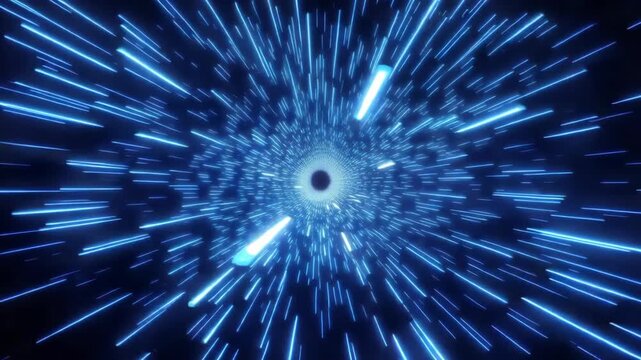 Abstract blue light streaks zoom through a dark digital tunnel at warp speed