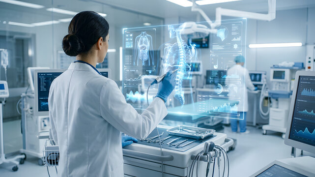 Female doctor interacts with futuristic medical interface in hospital room with virtual anatomy display