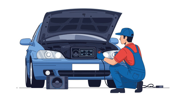 Mechanic checking car engine with diagnostic tool, car repair and maintenance concept