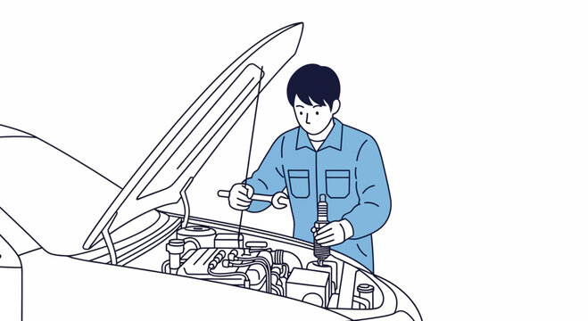 Mechanic checking car engine, maintenance, repair, service, inspection, auto workshop illustration