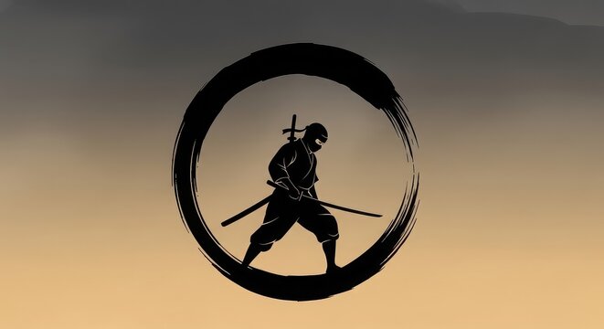 SilhouettedNinjaStandingWithinCircularBrushStrokeAgainstSunsetSkyWithSwords.