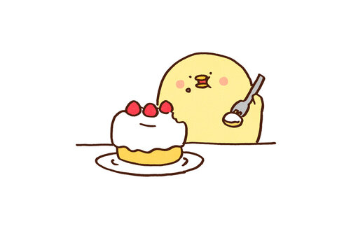Chick stuffing its cheeks with a delicious strawberry shortcake, sweet tooth or rewarding dessert concept