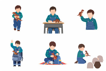 Little Boy Playing with Dinosaur Toys Vector Illustration Set, Child Character in Various Poses for School and Home Activities © Peony02