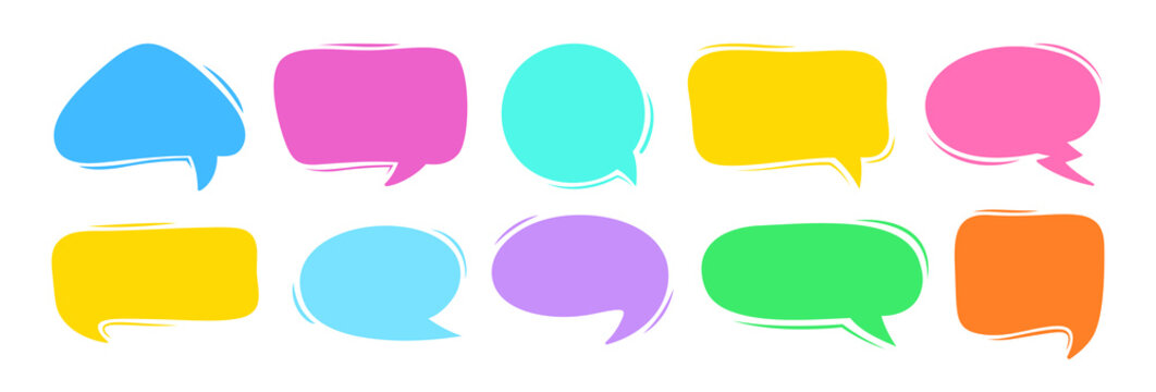 Comic speech bubble colorful silhouette collection. Blank cartoon text boxes, dialog clouds, doodle chat balloons bright colors. Pop art blank frames for sticker, logo, tag and banner. Vector set
