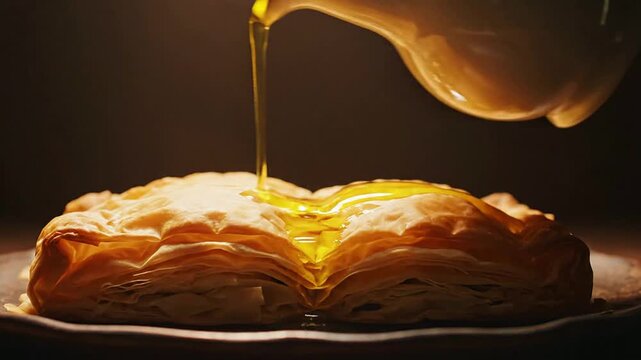 Cinematic Close-Up Of Olive Oil Drizzling Over Flaky Layered Pastry In Warm, Moody Lighting For Culinary And Food Photography