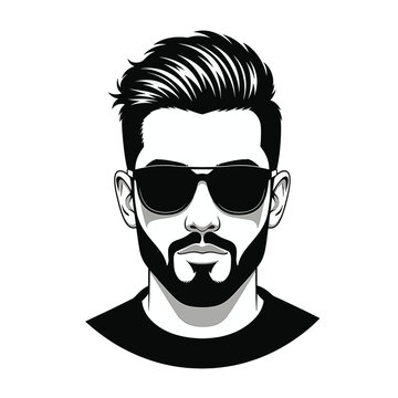 Black and white vector illustration of a man with a stylish pompadour haircut, well-groomed beard, and sunglasses, isolated on white background for masculine branding and logos.