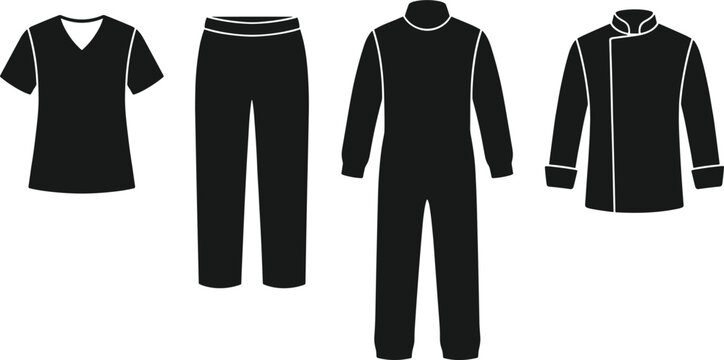 Professional Workwear and Uniform Silhouette Icon Set with Medical Scrubs Coveralls Overalls and Chef Coat Jacket Layouts