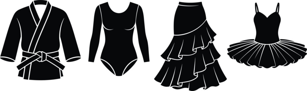 Performance and Dance Activewear Silhouette Icon Set with Martial Arts Kimono Gymnastics Leotard Ruffled Flamenco Skirt and Ballet Tutu Dress