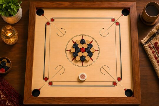 A Top-Down View of a Carrom Board Game Set up with Pieces Arranged in the Center, Ready for Play.