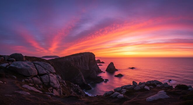 燃えるような夕焼けが海と断崖を鮮やかに彩る息をのむような絶景に広がる壮大な自然美. AI Generated