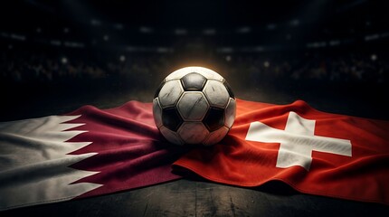 Naklejka premium Soccer ball on qatar and switzerland flags in a stadium background