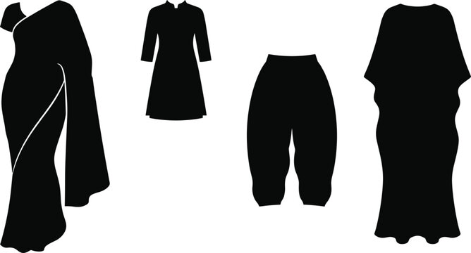 Traditional South Asian and Middle Eastern Cultural Dress Silhouette Icon Set with Indian Saree Kurti Salwar Pants and Kaftan Gown