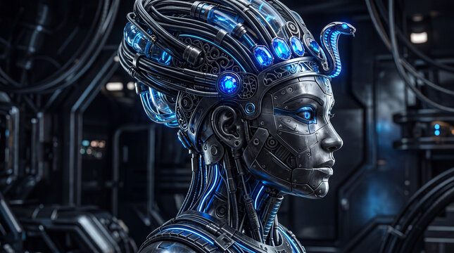 Futuristic Robotic Head with Glowing Blue Details and Ancient Egyptian Inspired Headdress