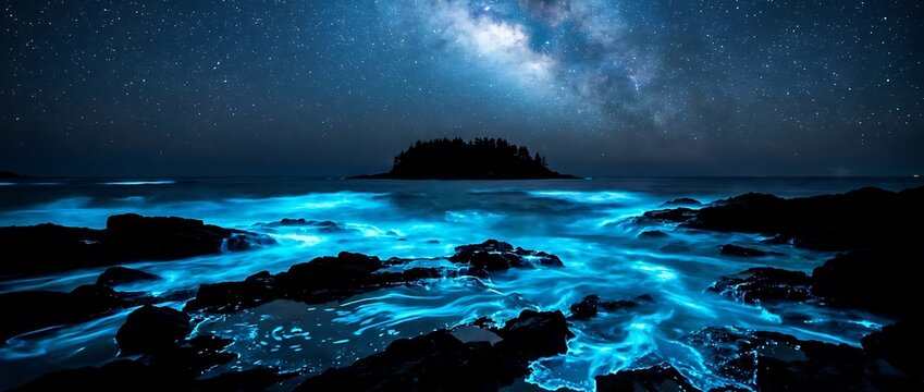 Bioluminescent ocean waves glow bright blue under starry night sky with milky way and distant island silhouette, nature landscape.