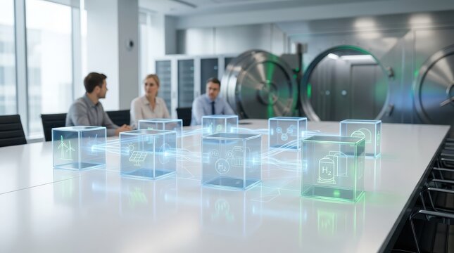 A business meeting with three professionals discussing futuristic holographic energy technology models on a conference table in a modern office.