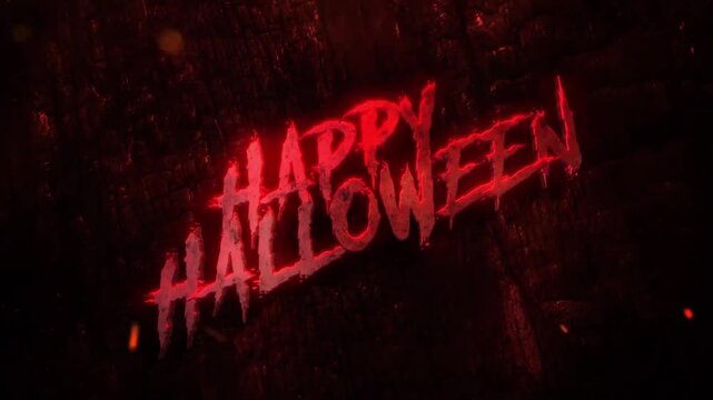 Happy Halloween scary red neon text animation on burnt wood background.
