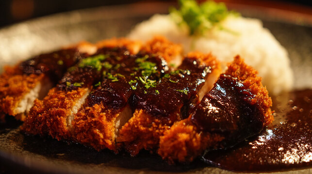 Close-up of Miso-katsu, a crispy breaded pork cutlet generously coated with rich miso sauce