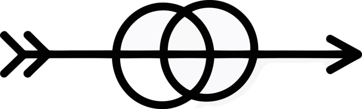 Hand drawn black arrow with fletching passing through two overlapping hand drawn circles on white
